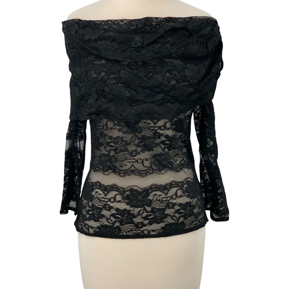 Karen Kane Women's 3/4 Sleeve Off Shoulder Ruffled Sheer Black Lace Top Size M